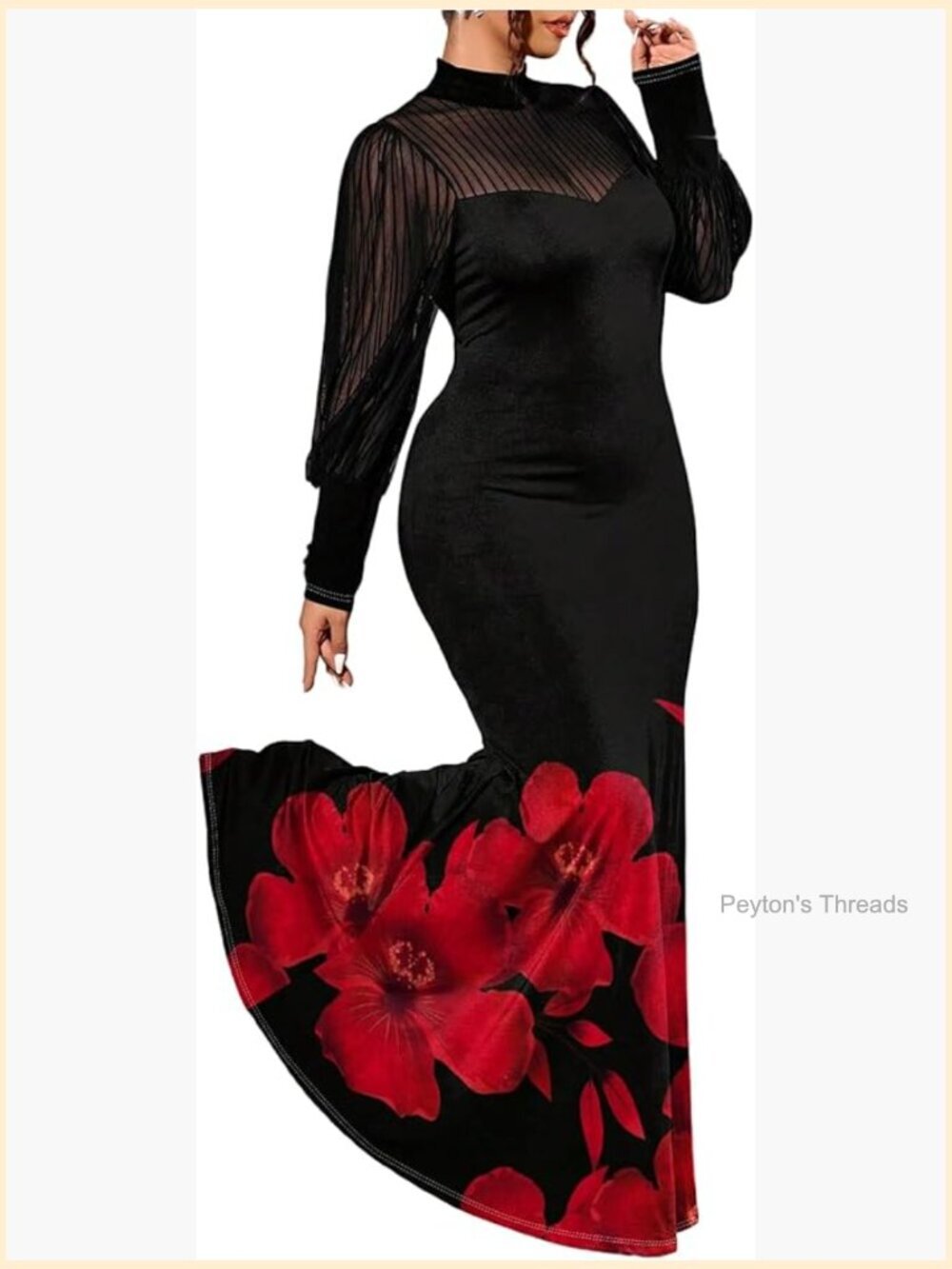 Plus Size Mesh Long Sleeve Mock Neck Bodycon Maxi Dress Formal